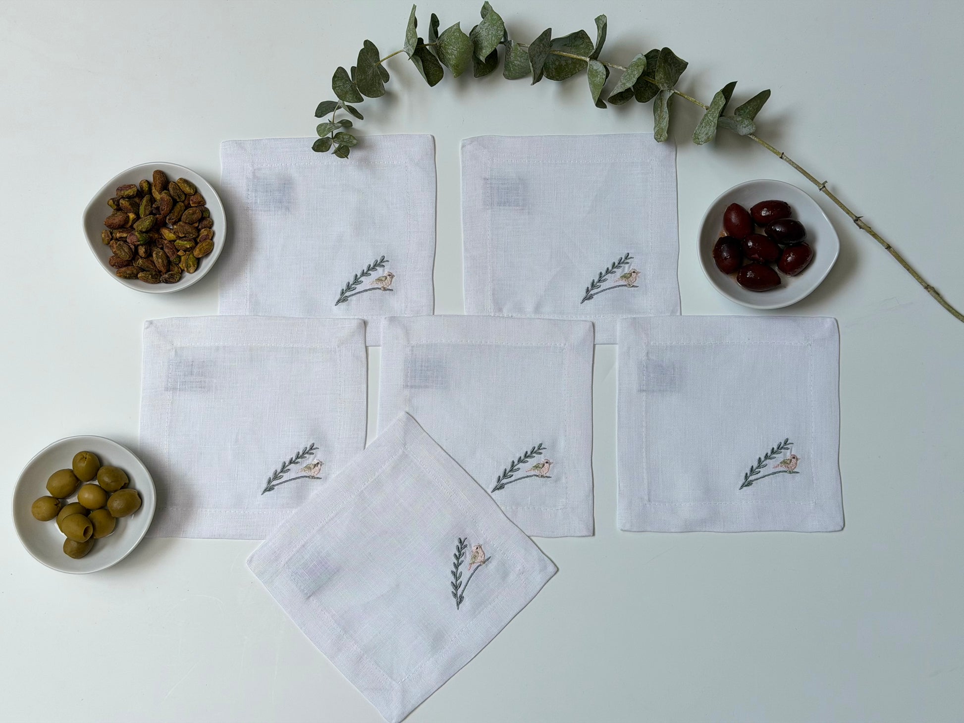 Servilletas de Cocktail Pájaro lino blanco (Set 6 piezas)