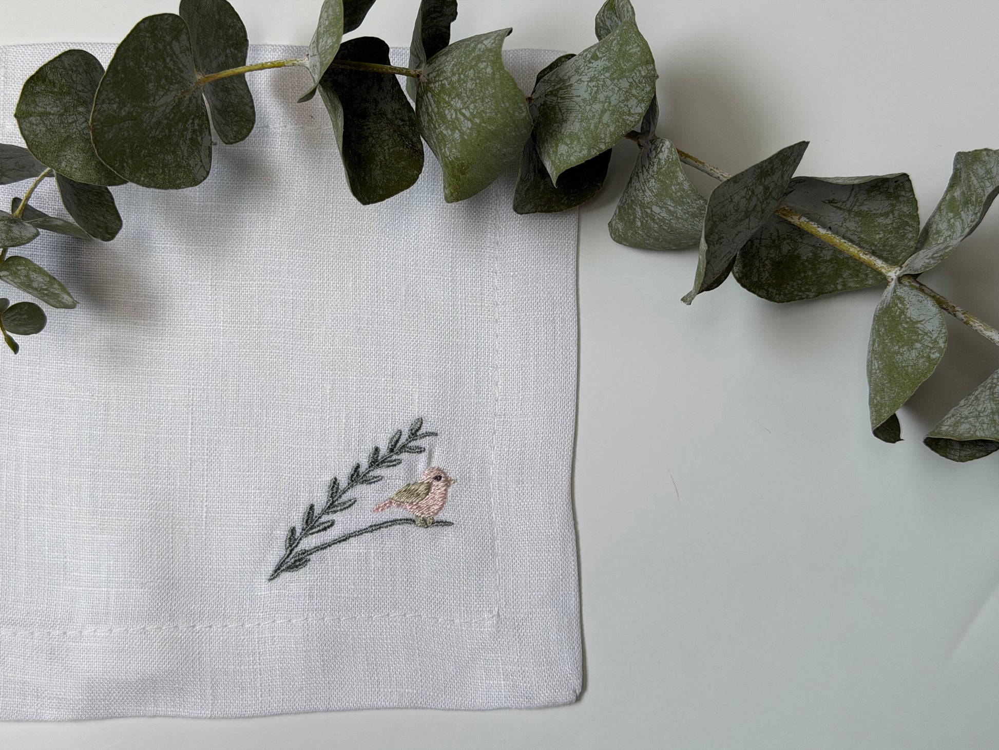 Servilletas de Cocktail Pájaro lino blanco (Set 6 piezas)