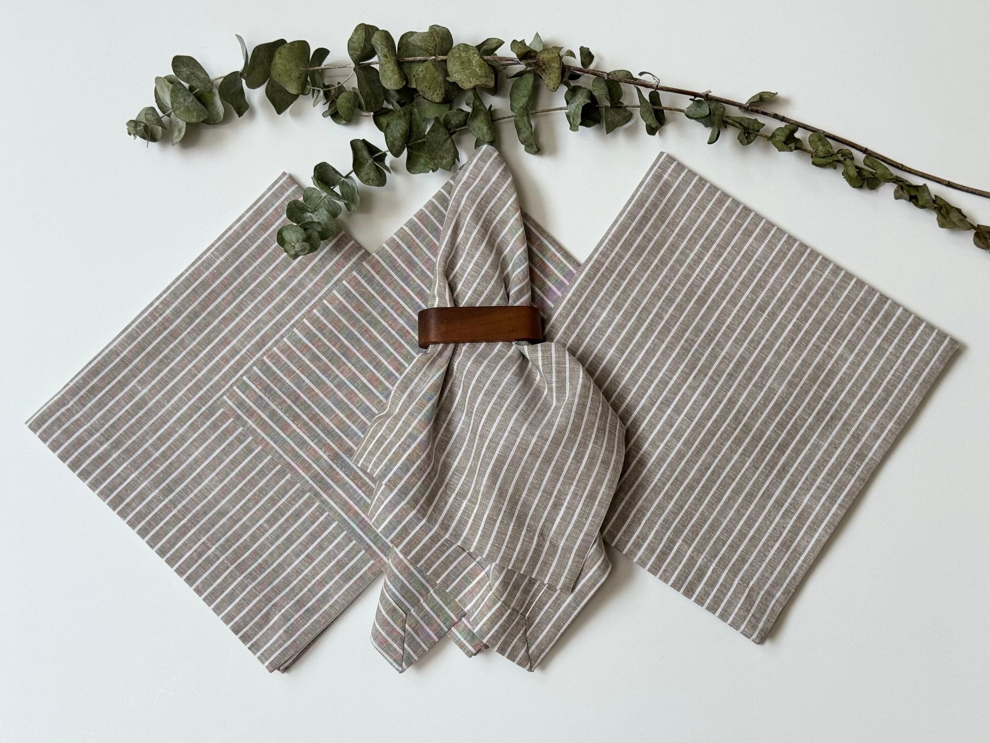 Servilletas Lino Algodón Olivo-Natural Rayas (Set 4 piezas)