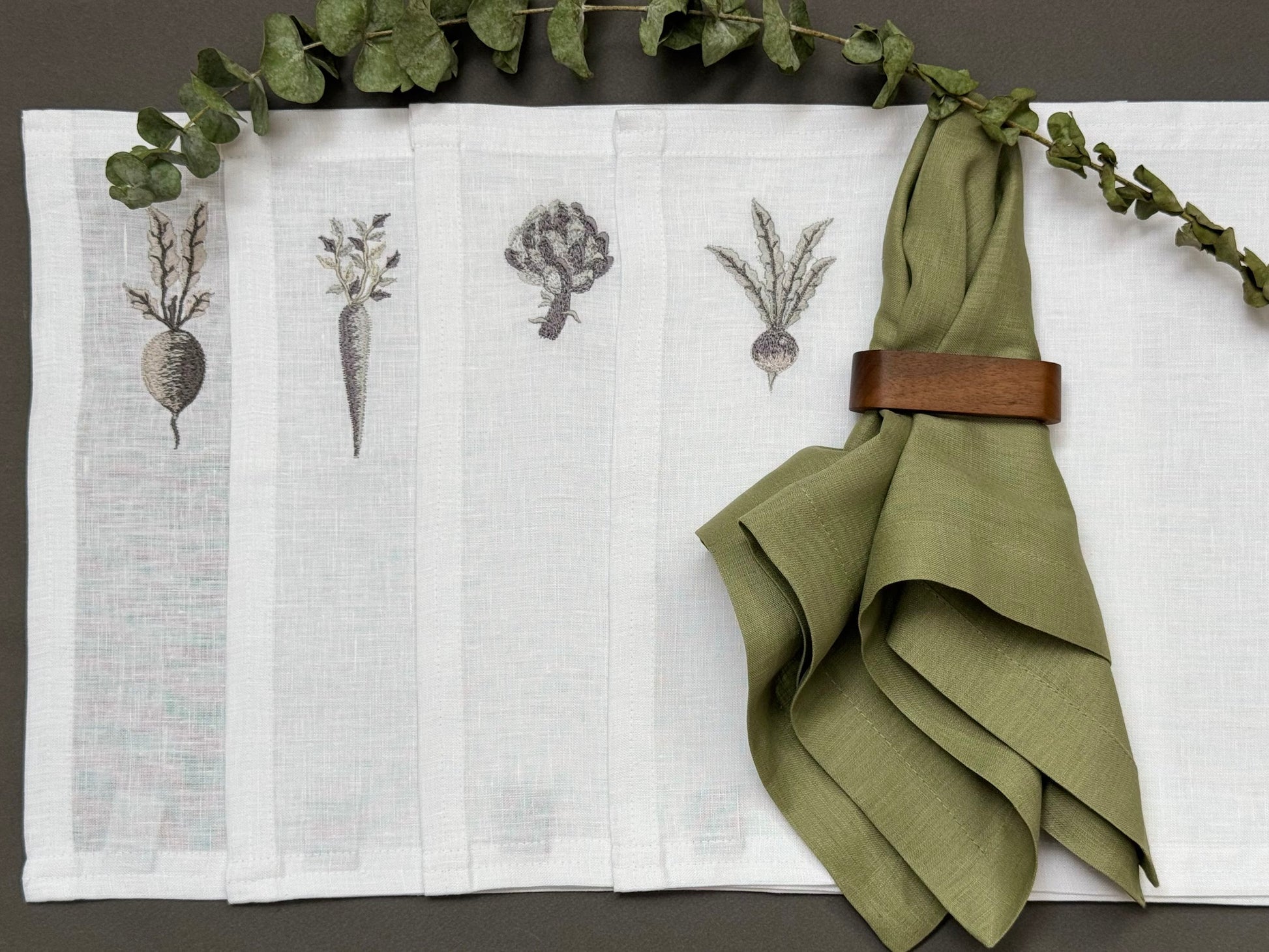 Individuales Mix Verduras Lino Blanco (Set 4 piezas)