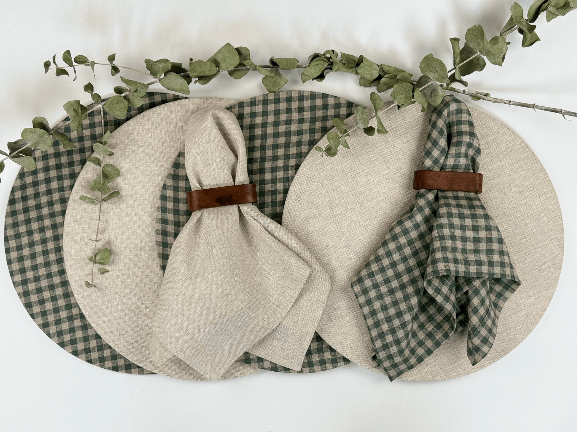 Fundas Plato Base Lino Cuadros Verdes (Set 4 piezas)