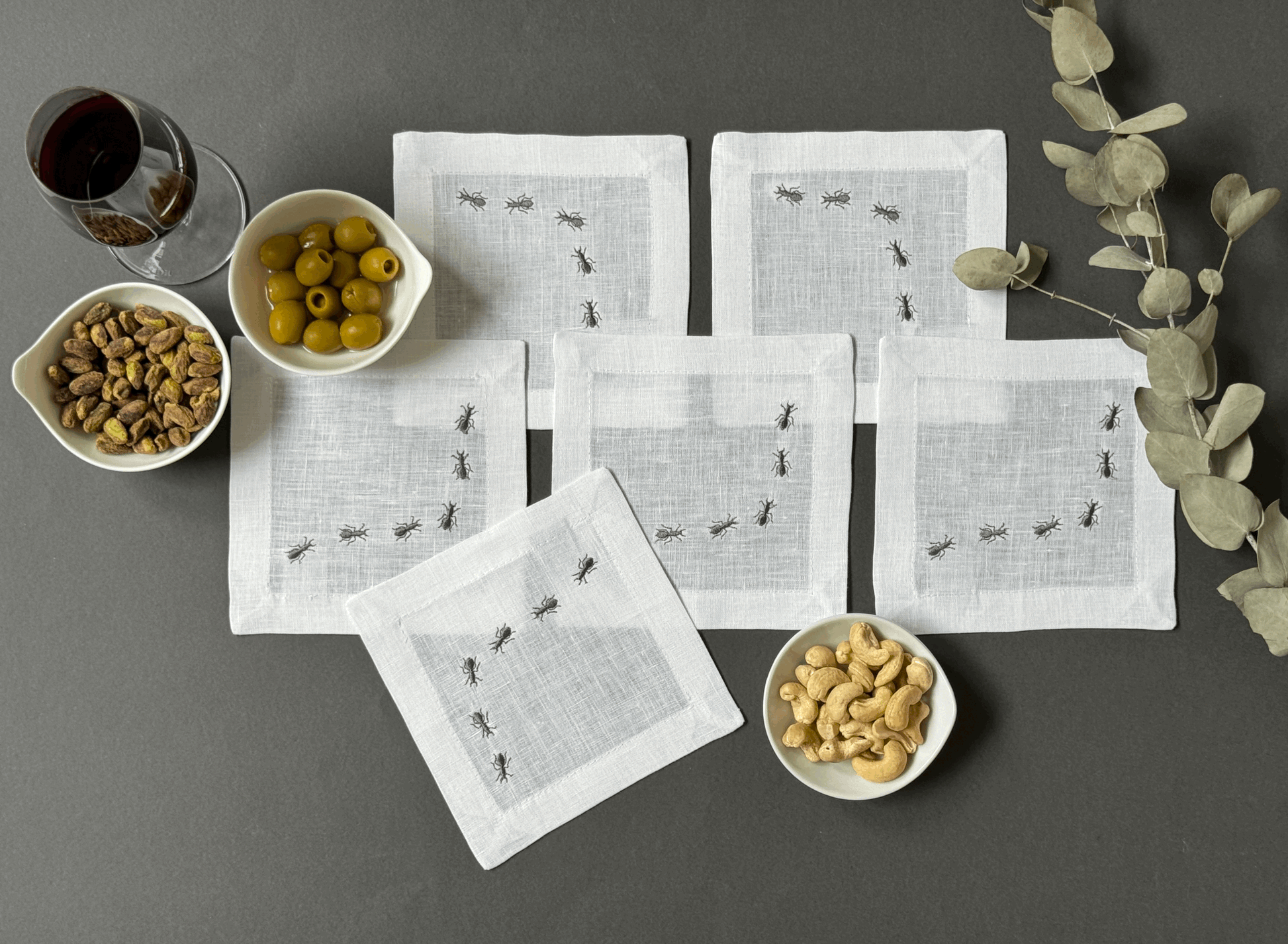 Servilletas Cocktail Hormigas Lino Blanco (Set 6 piezas)